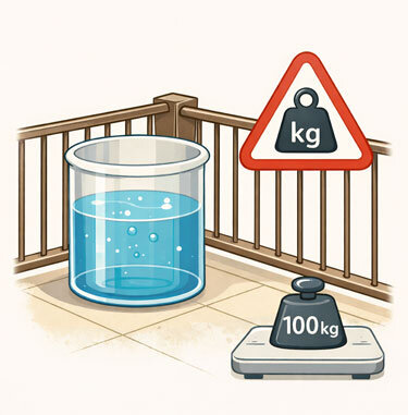 Illustration : réservoir d'eau sur un balcon, panneau d'alerte et poids de 100 kg pour la charge admissible