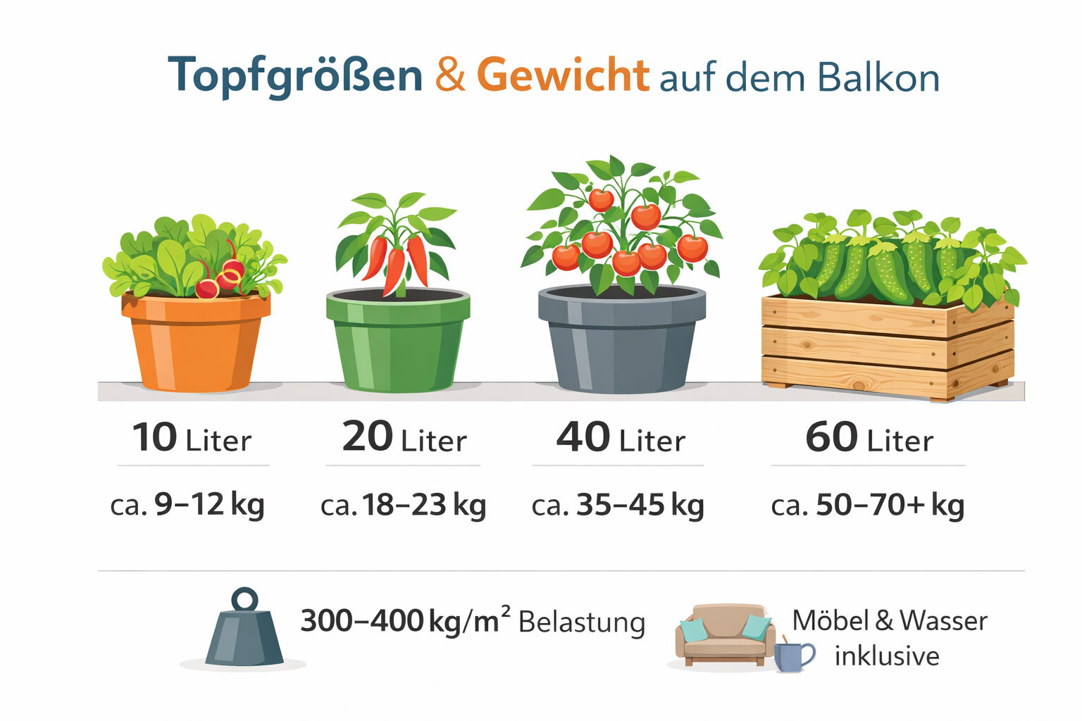 Infographie : poids des pots remplis, de 10 litres pour env. 9 à 12 kg à 60 litres pour env. 50 à 70 kg
