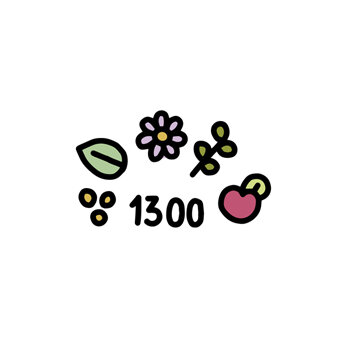 Feuille, fleur, herbe, fruit et graines avec le nombre 1300, symbole du large choix de variétés