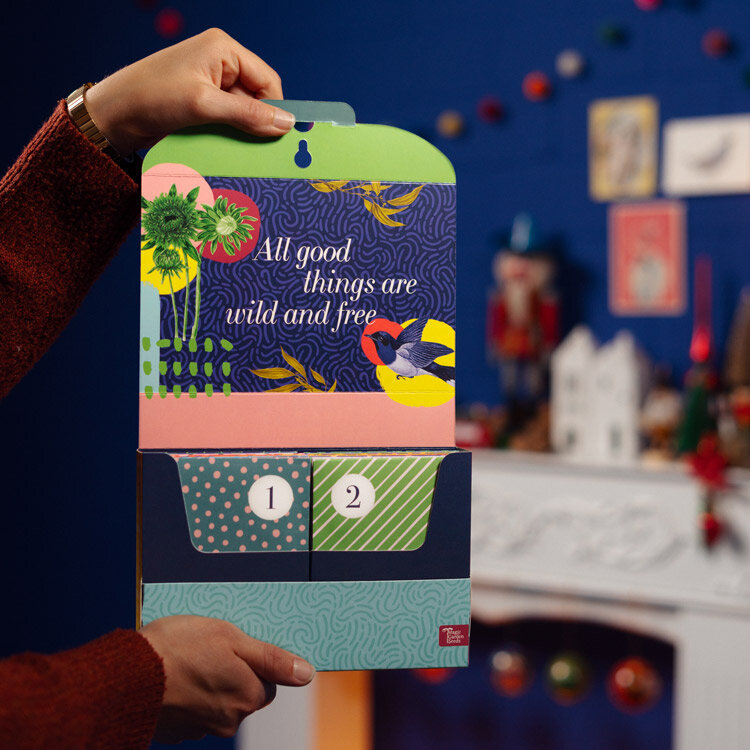 Calendrier de l’Avent de semences « Légumes, herbes & fleurs » ouvert, sachets 1 et 2, tenu en main