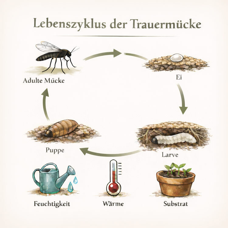 Graphique : cycle de vie du sciaride, de l'œuf à l'adulte via larve et nymphe, favorisé par humidité et chaleur