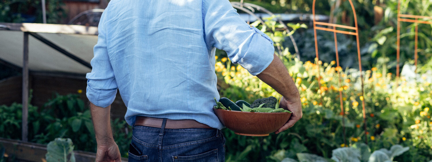Jardinier portant un bol de légumes-feuilles fraîchement récoltés à travers le potager