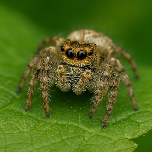 Araignée sauteuse (Salticidae) aux grands yeux frontaux sur une feuille verte