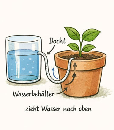 Illustration : une mèche conduit l'eau d'un verre vers la terre d'un pot de fleurs