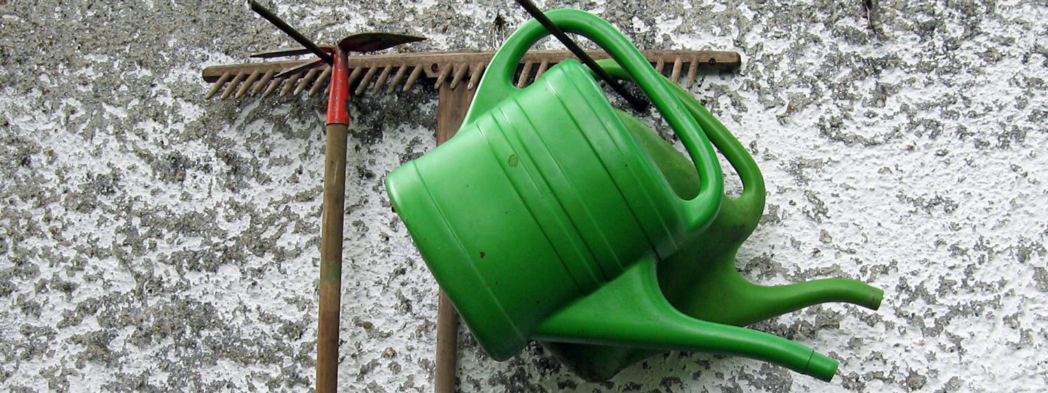 Deux arrosoirs verts et un râteau accrochés à un mur