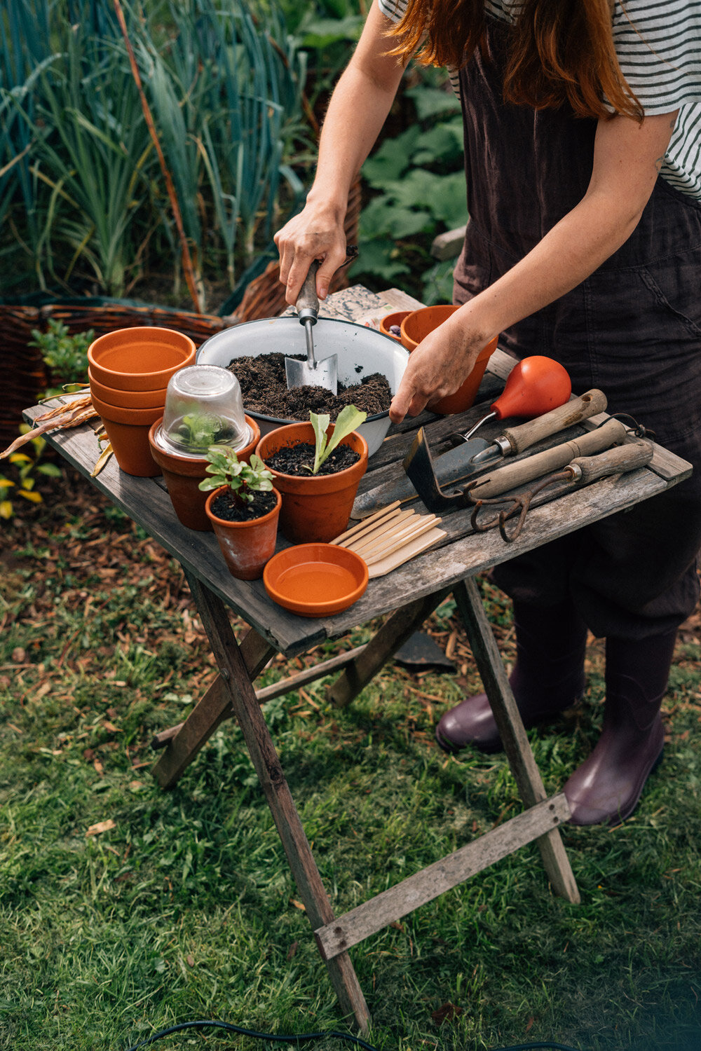 Jardinière remplissant de terreau de petits pots en terre cuite pour les semis