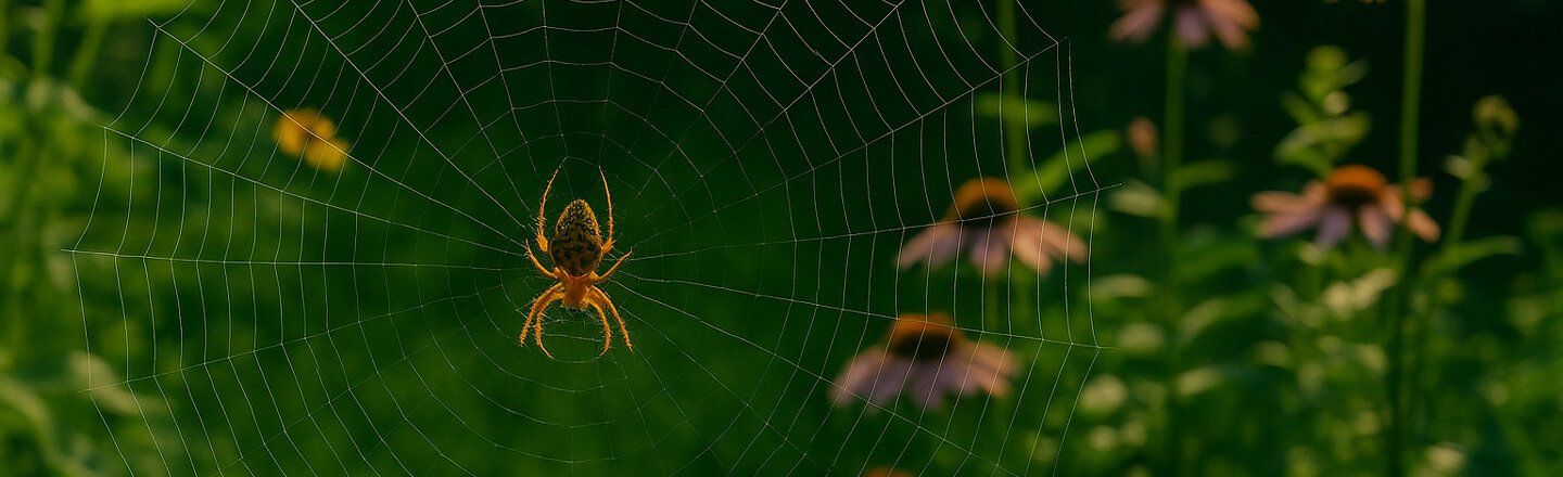 Araignée dans sa toile, avec des fleurs des prés en arrière-plan