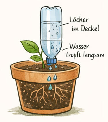 Illustration : bouteille en PET retournée, bouchon percé, libérant lentement l'eau dans le pot