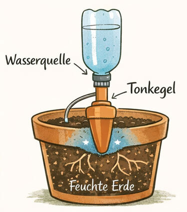 Illustration : cône en argile dans un pot, relié à une bouteille d'eau, garde la terre humide