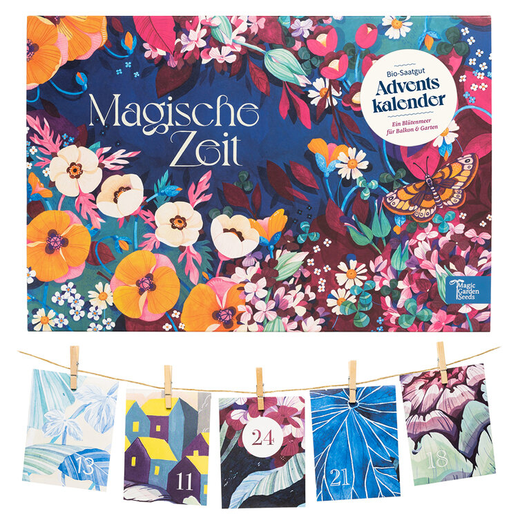 Calendrier de l'Avent de graines bio « Moments magiques » à motif floral, cartes des cases suspendues dessous