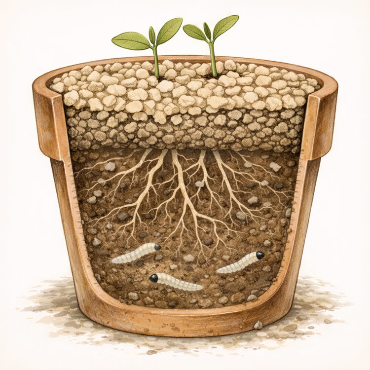 Illustration : coupe d’un pot avec larves de moucherons du terreau et couche minérale sèche en surface